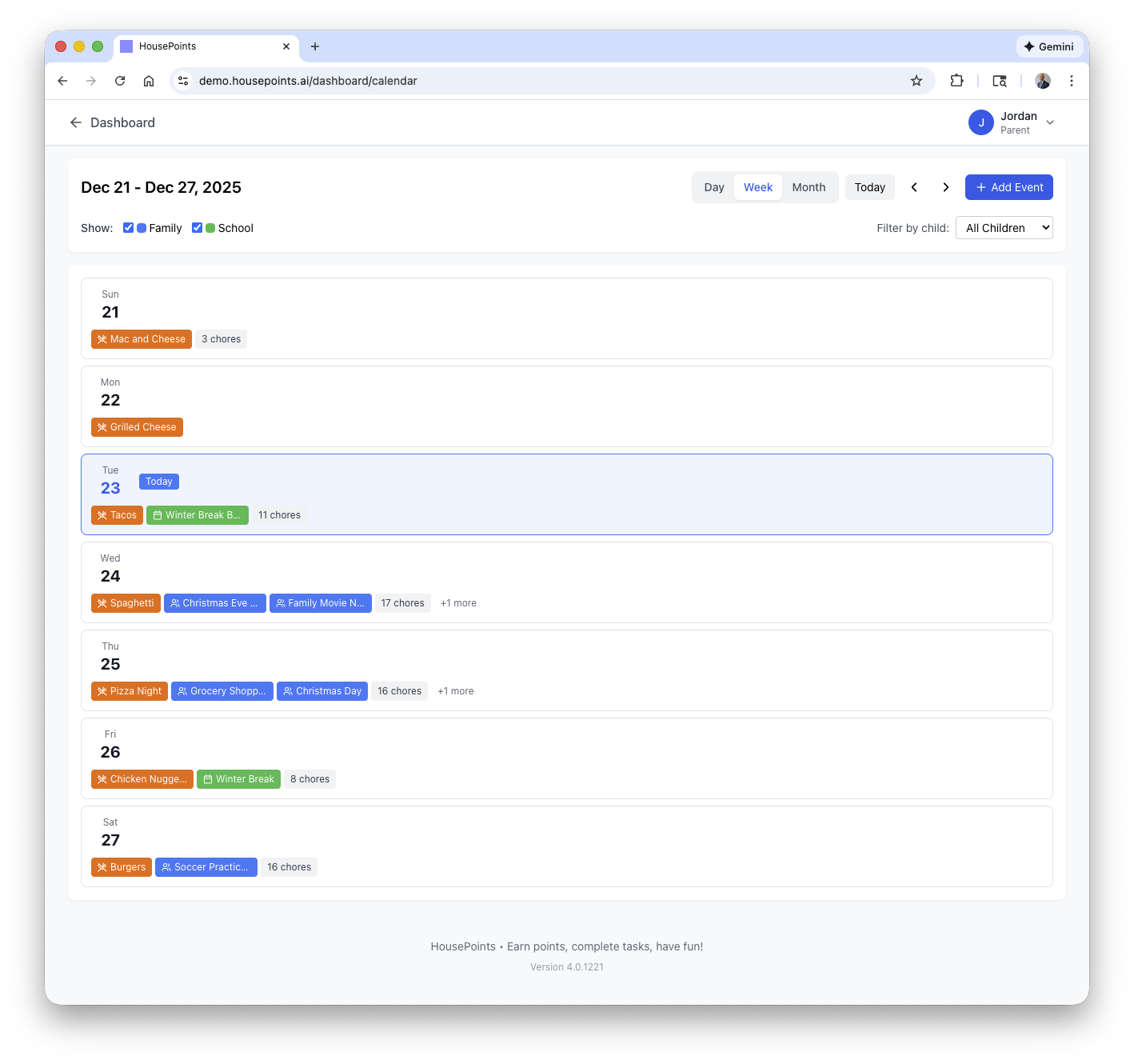 Family calendar in week view showing events and activities