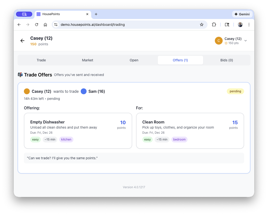 Chore trading marketplace interface