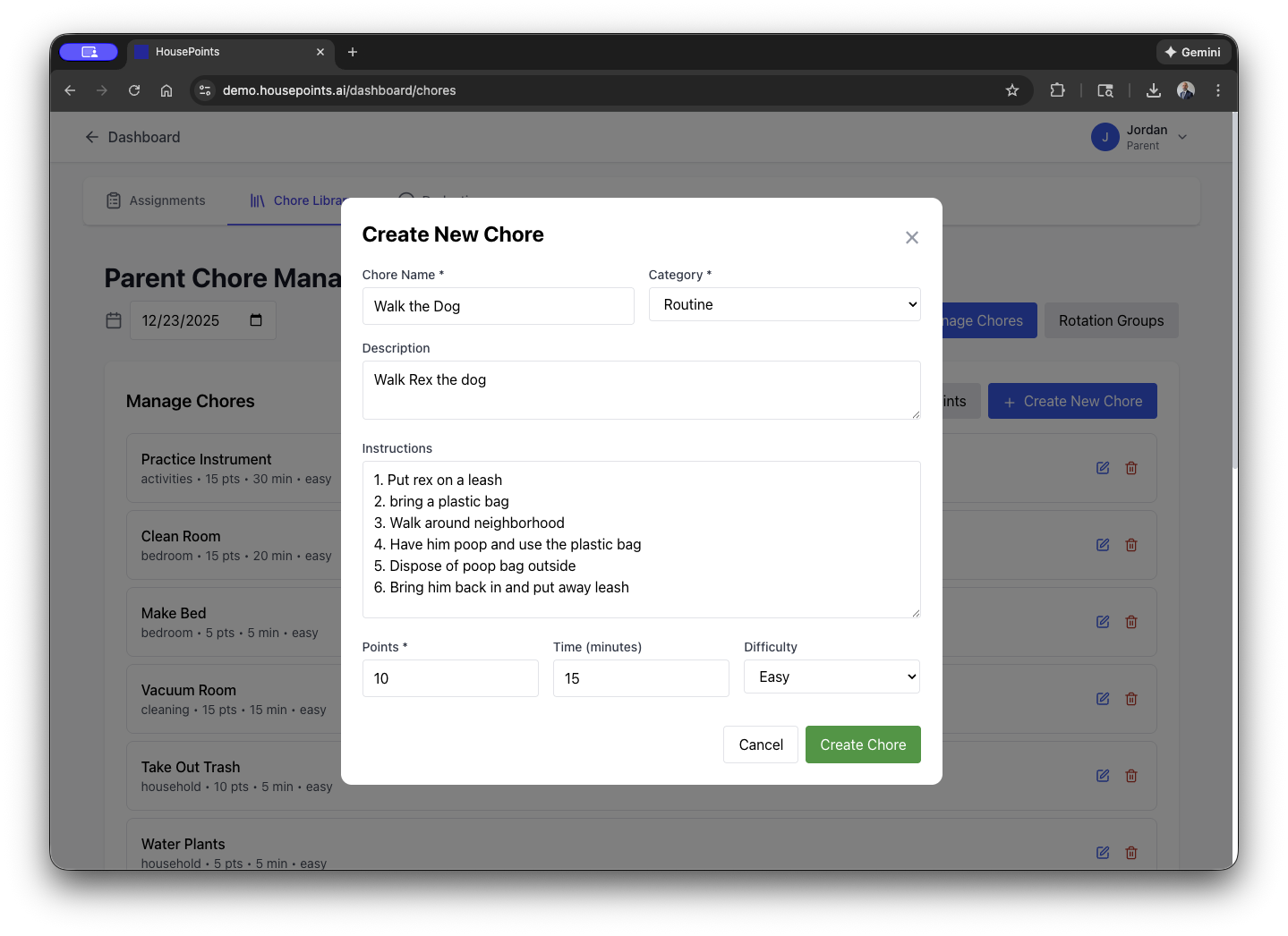 Create chore form with name, points, and assignment options