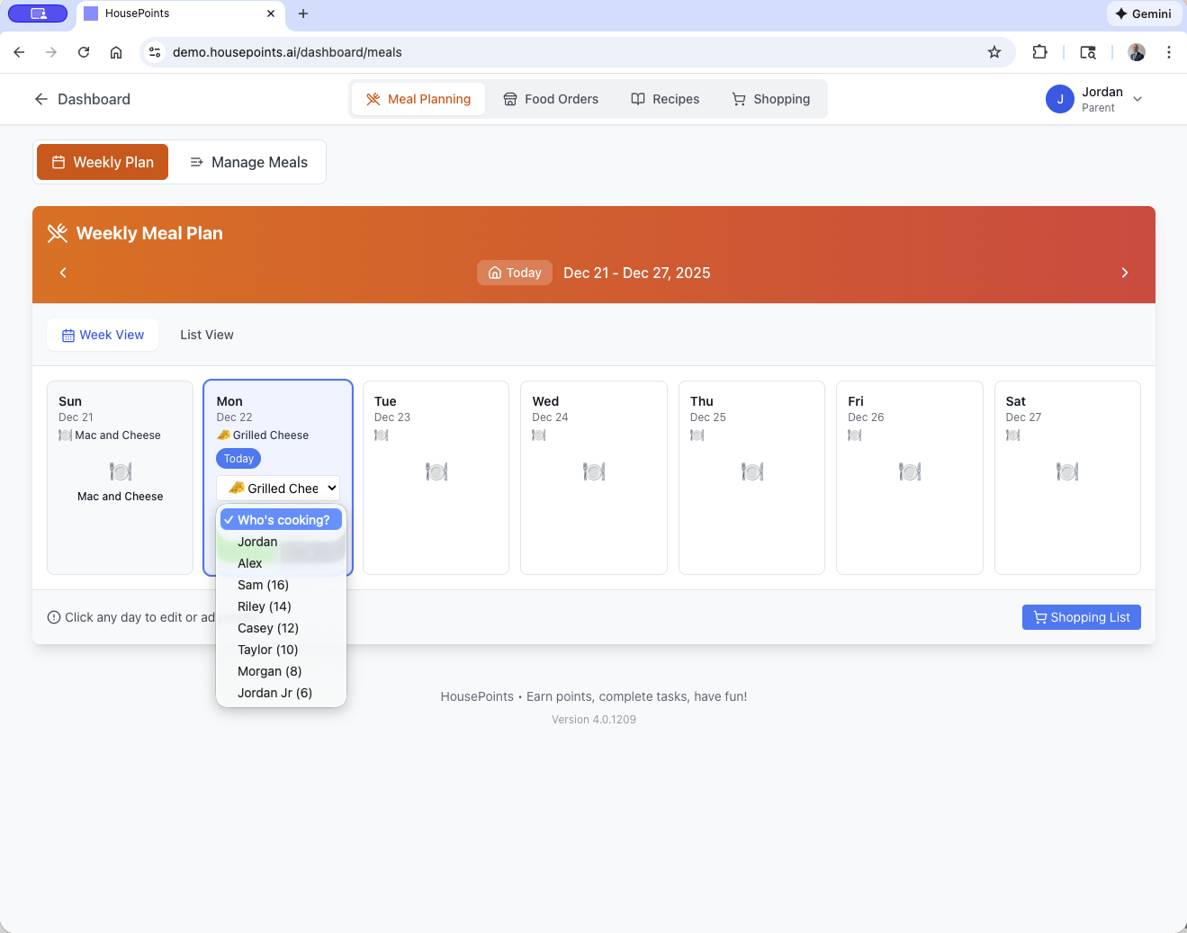 Meal planner showing cooking assignments for each family member