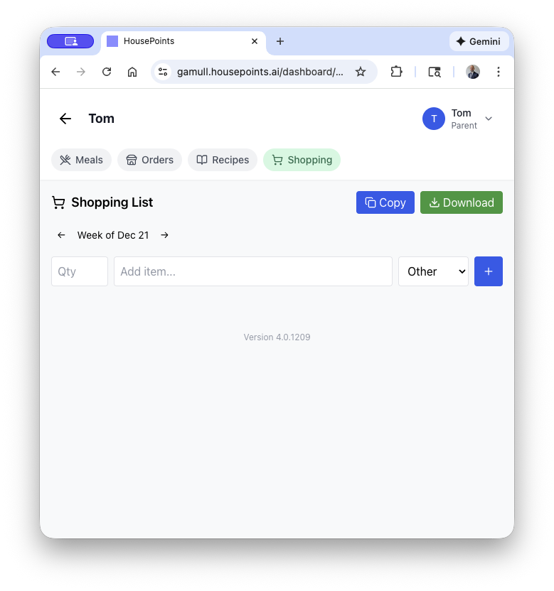 Shopping list organized by store section with checkboxes