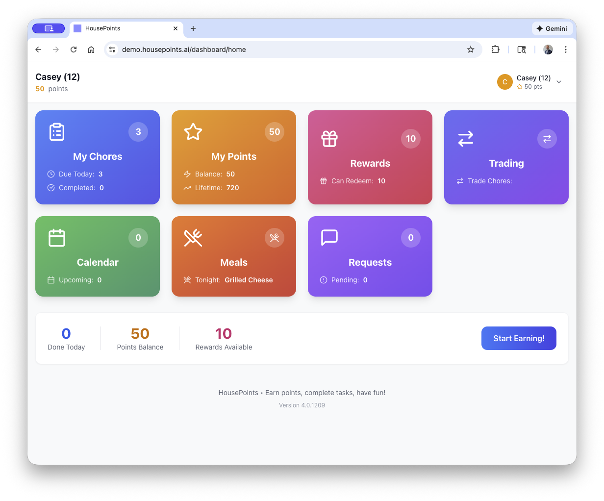 Child dashboard showing assigned chores and points balance