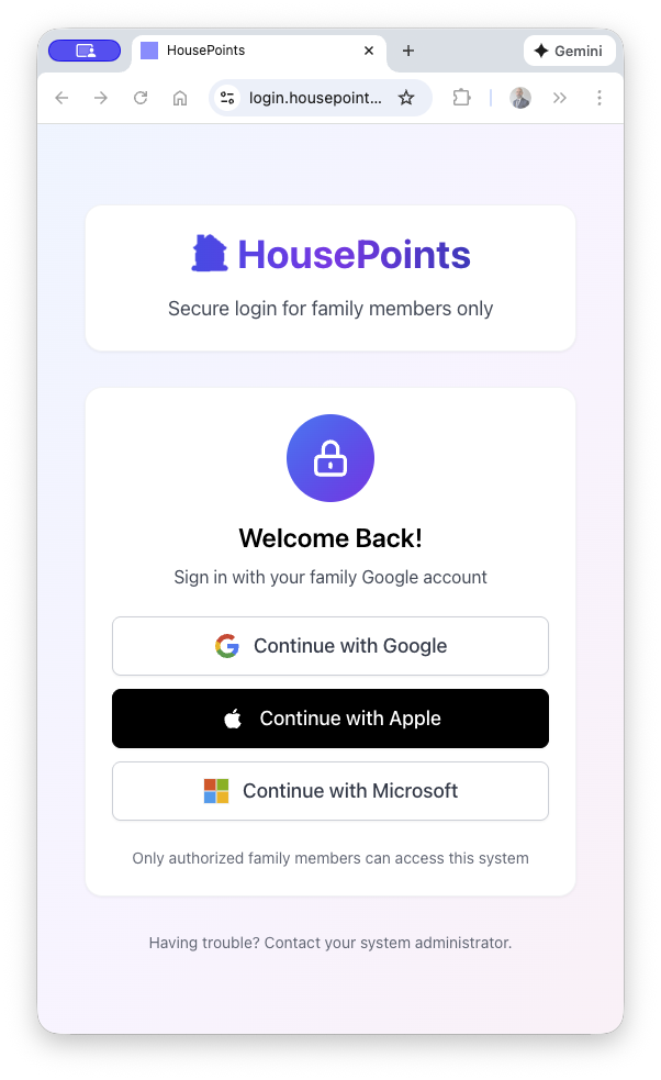 HousePoints sign-in page showing authentication options