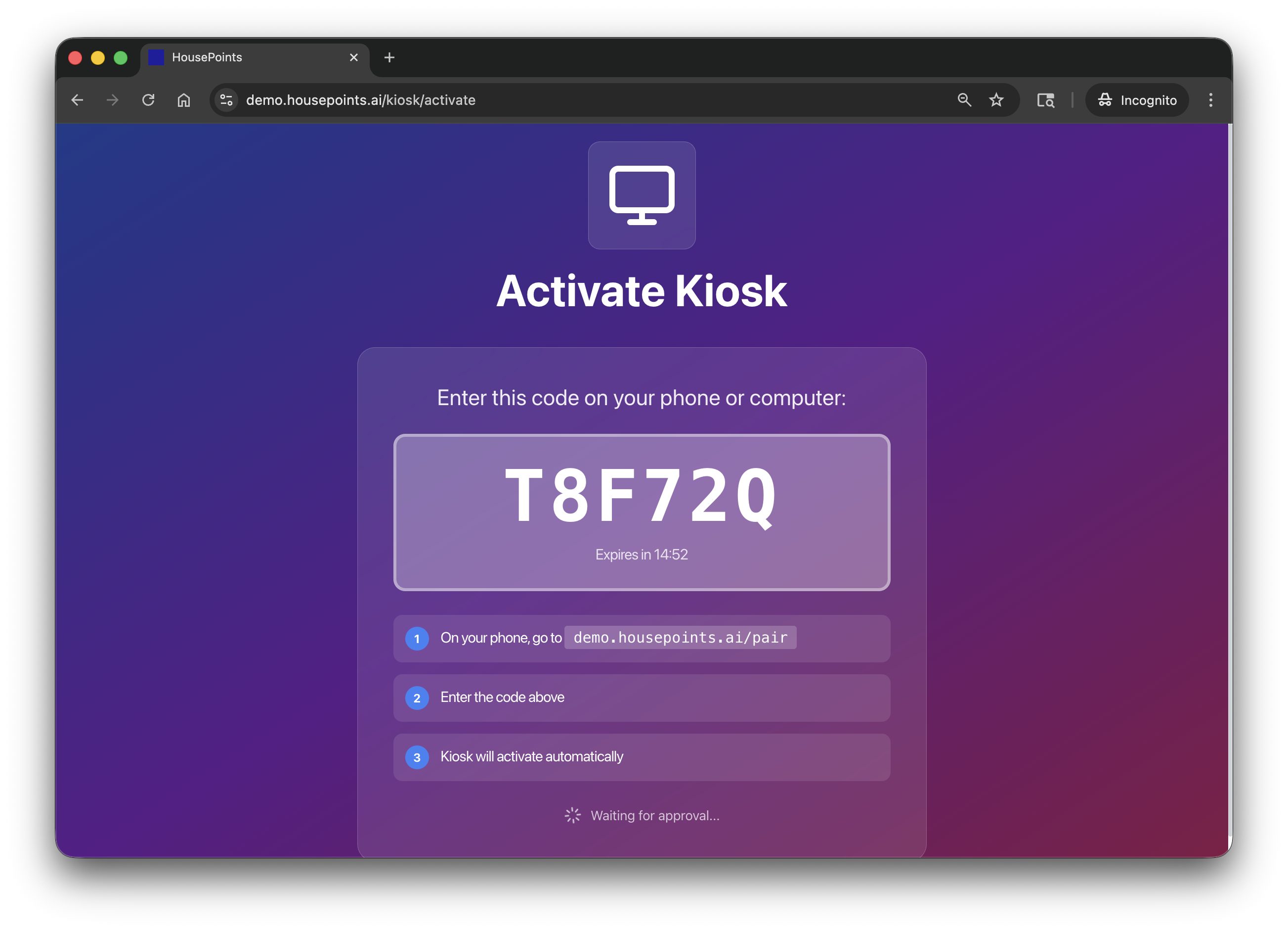 Kiosk pairing code displayed in settings