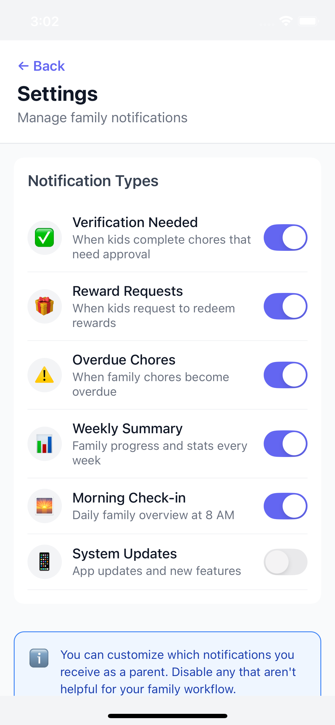 Push notification settings in the mobile app