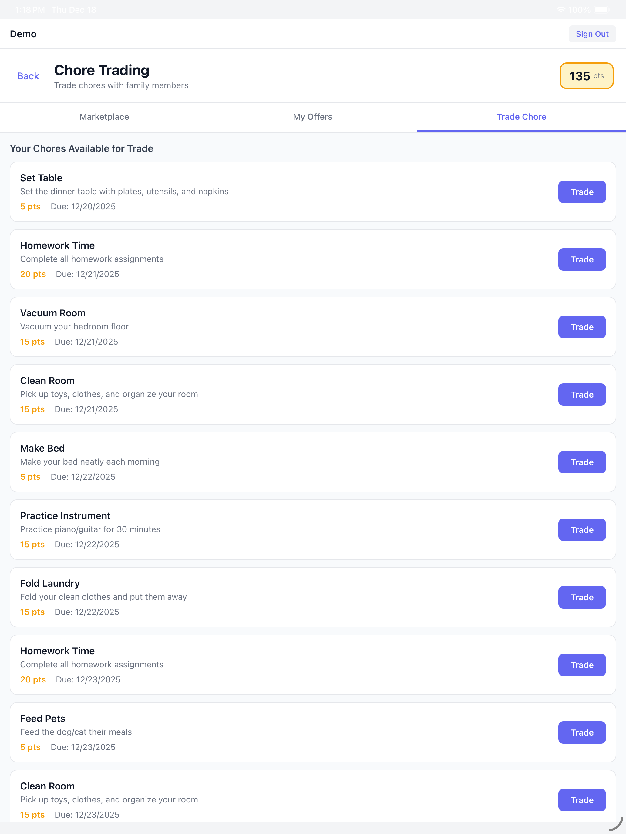 Chore trading marketplace